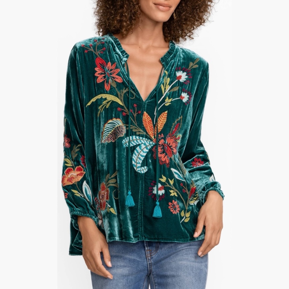 Johnny Was Teal Floral Embroidered Blouse